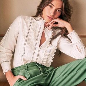 Elegant White Lace Trim Sezane Blouse